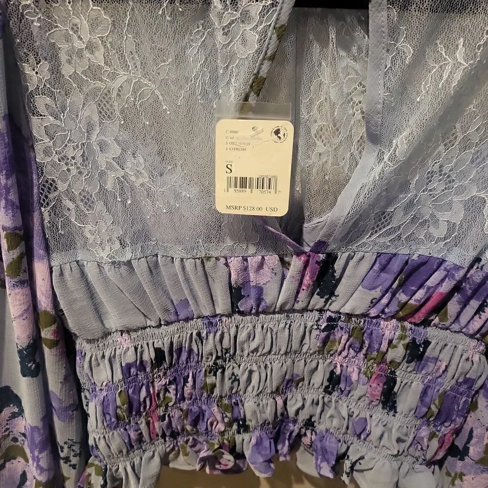 Free People Forever Femme floral print in blue and purple with lace small